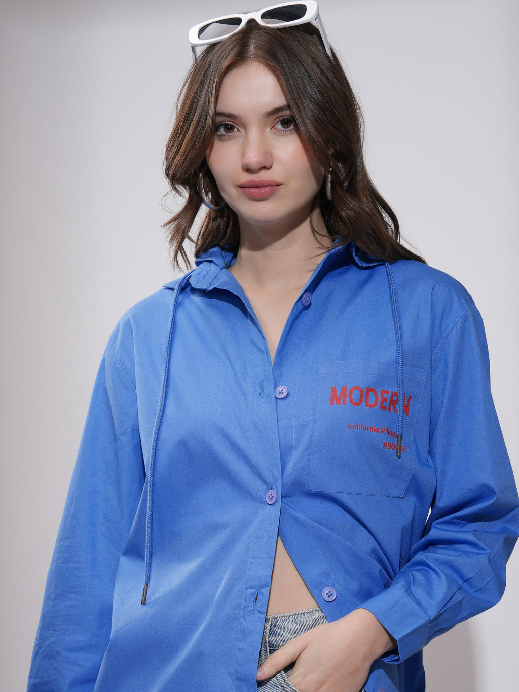 Tokyo Talkies Women Blue Oversized Hoodie Printed Longline Casual Shirt - Blue - Image 1