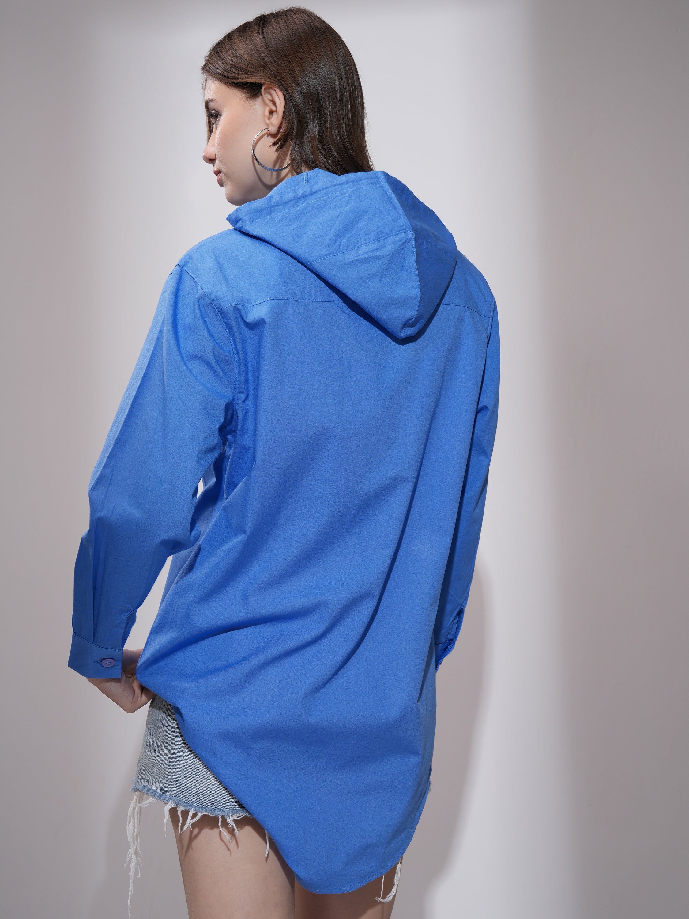 Tokyo Talkies Women Blue Oversized Hoodie Printed Longline Casual Shirt - Blue - Image 3