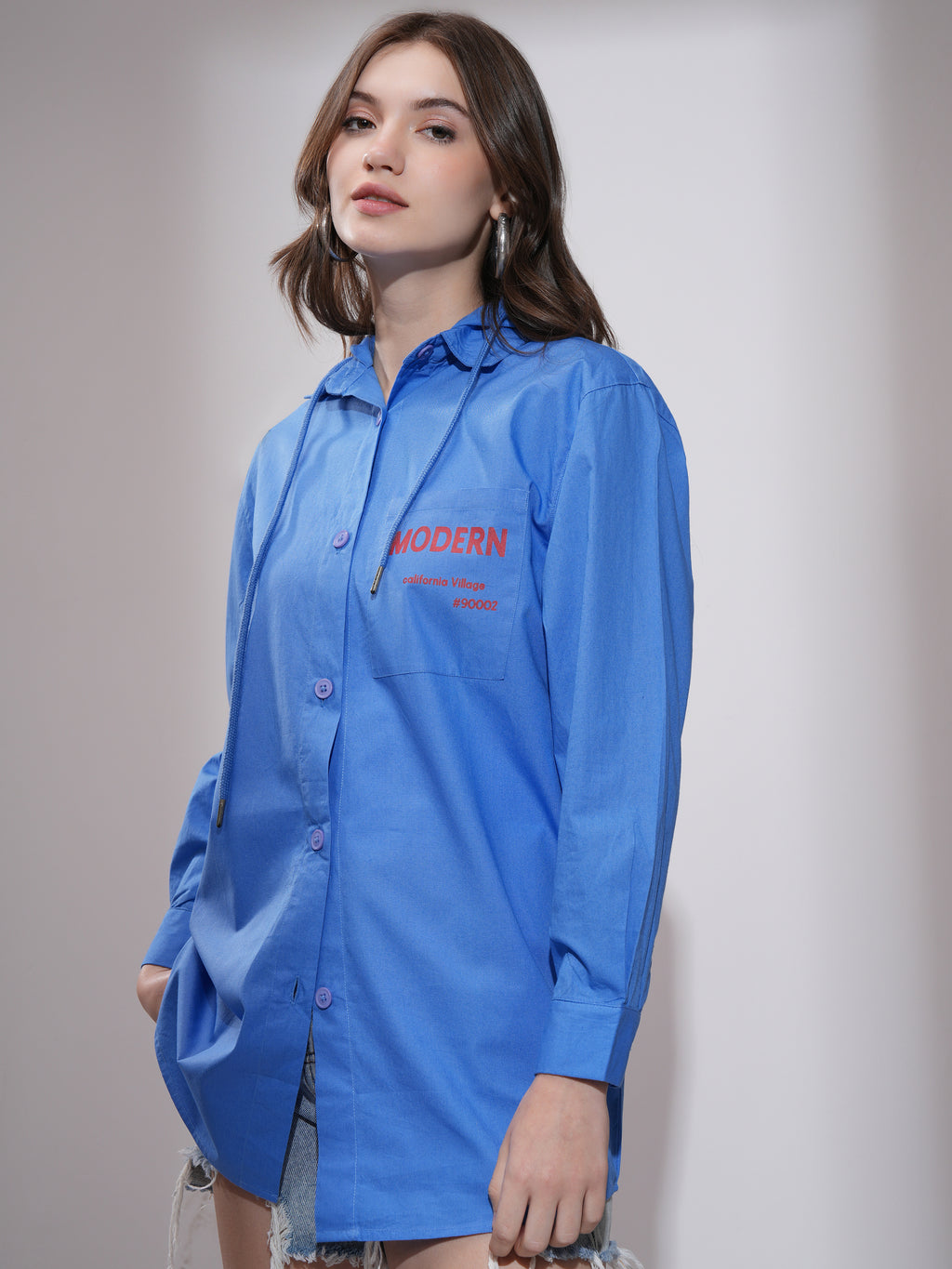 Tokyo Talkies Women Blue Oversized Hoodie Printed Longline Casual Shirt - Blue - Image 4