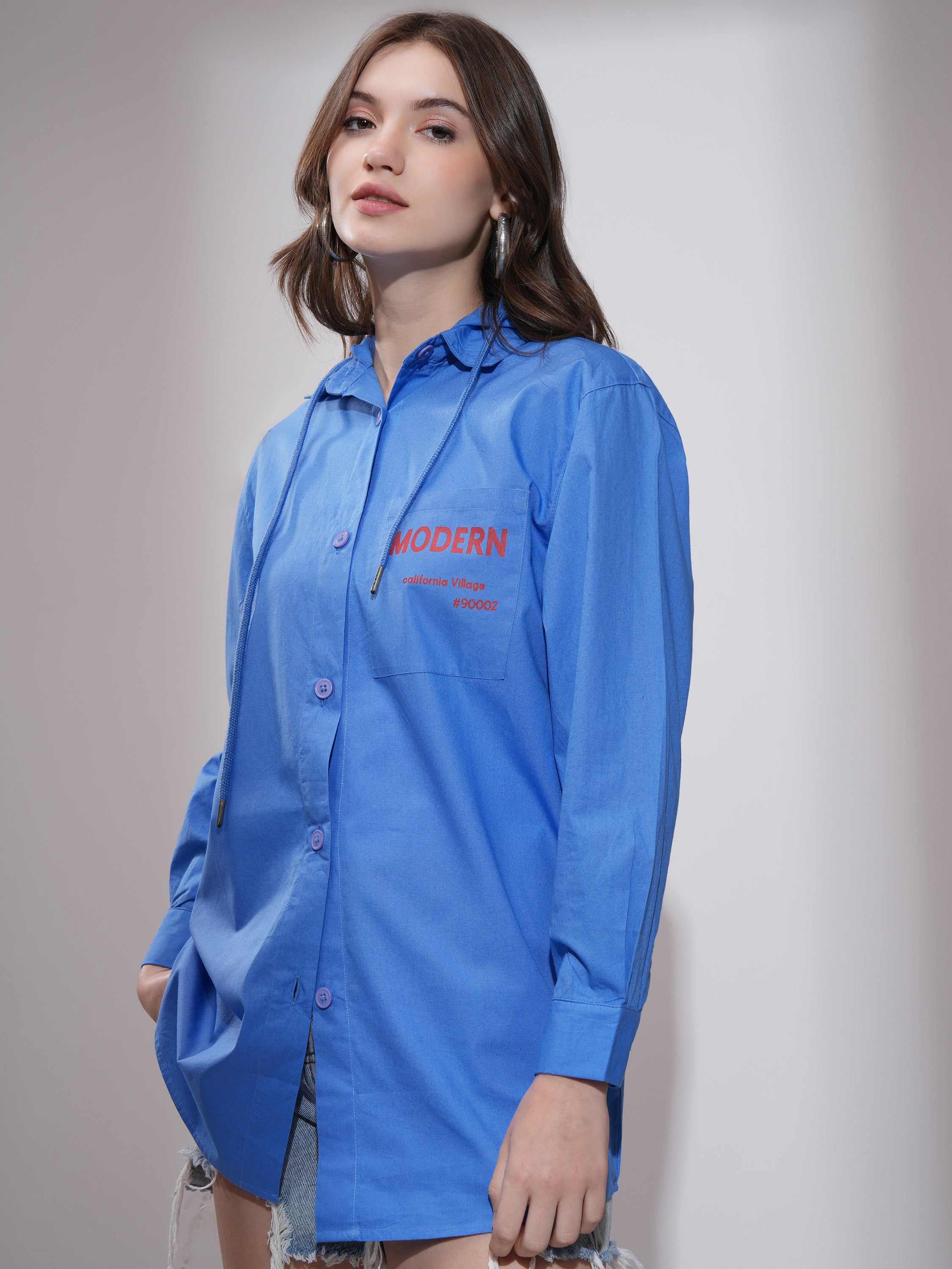 Tokyo Talkies Women Blue Oversized Hoodie Printed Longline Casual Shirt - Blue - Image 4