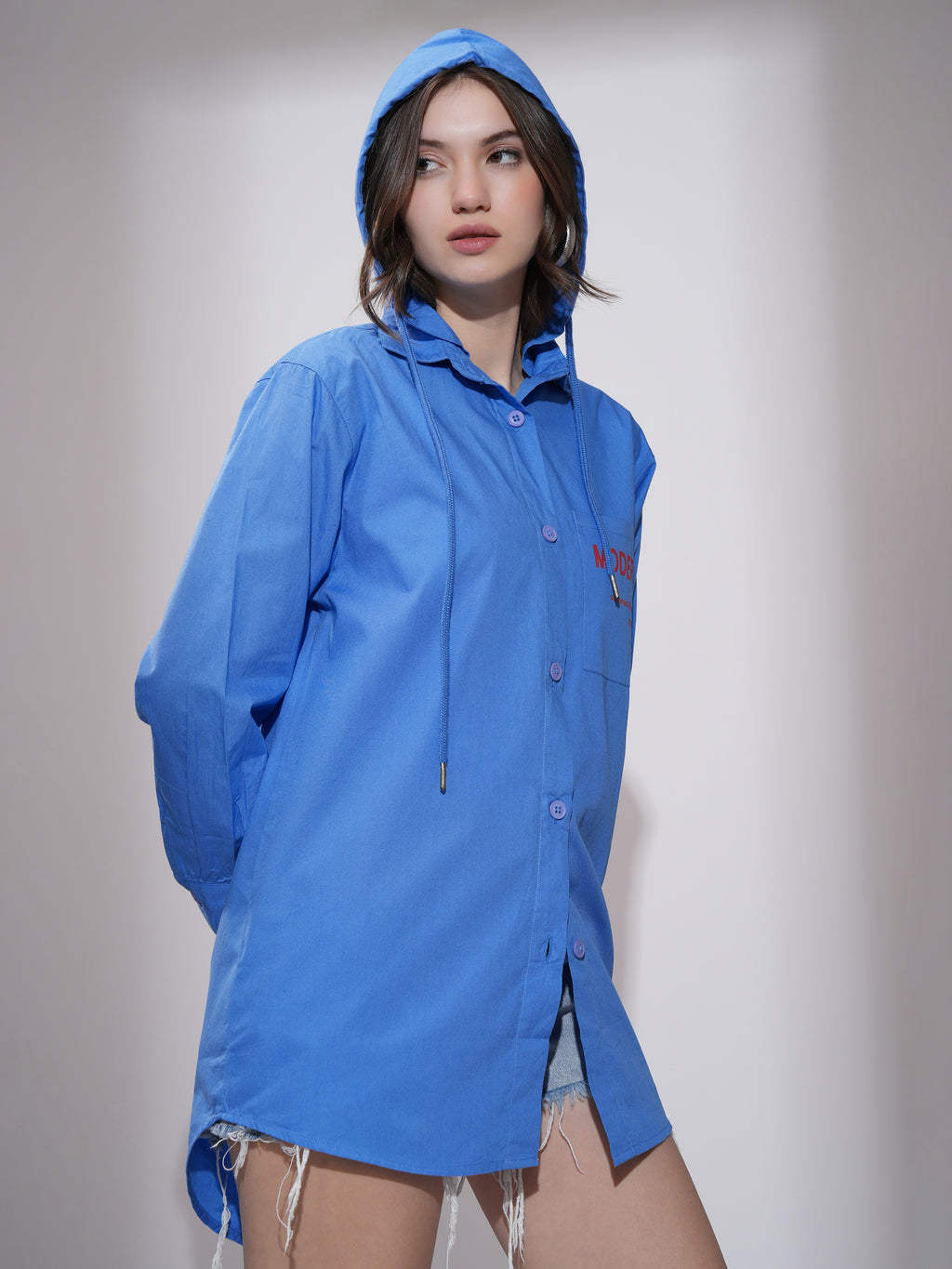 Tokyo Talkies Women Blue Oversized Hoodie Printed Longline Casual Shirt - Blue - Image 6