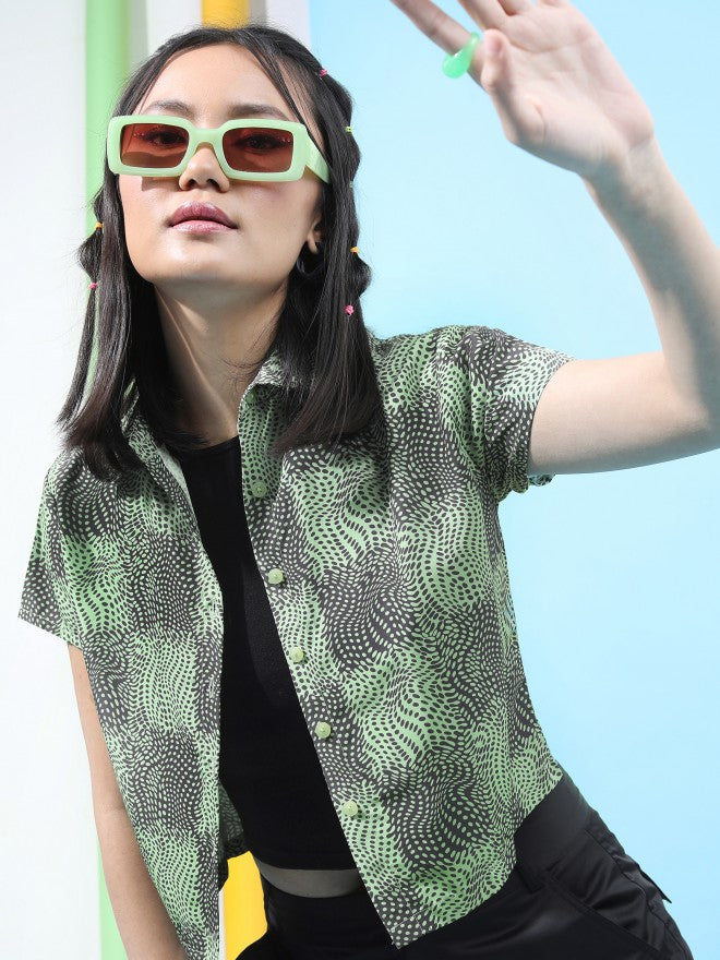 Tokyo Talkies Women Green Printed Casual Shirt - Green - Image 1