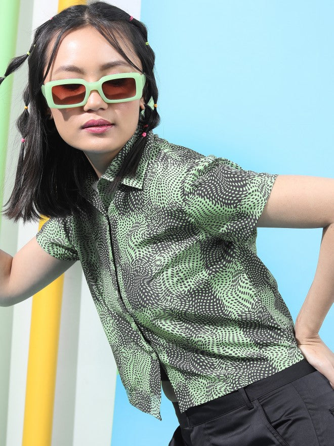 Tokyo Talkies Women Green Printed Casual Shirt - Green - Image 4
