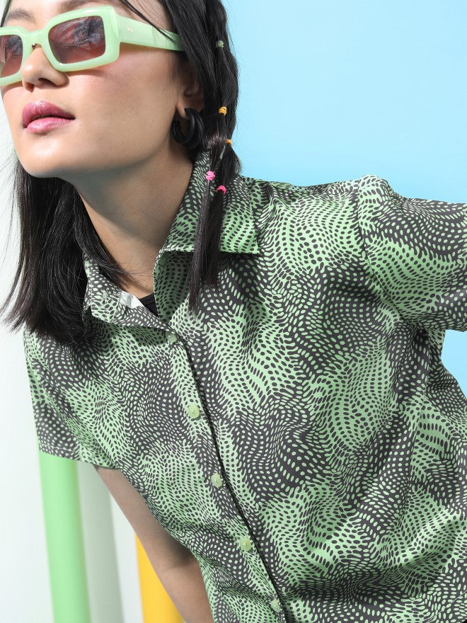 Tokyo Talkies Women Green Printed Casual Shirt - Green - Image 5