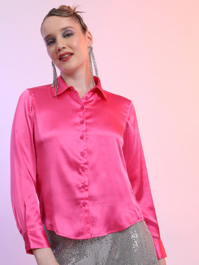 Tokyo Talkies Women Pink Solid Casual Shirt - Pink - Image 1