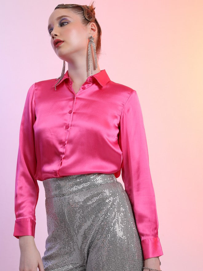 Tokyo Talkies Women Pink Solid Casual Shirt - Pink - Image 4