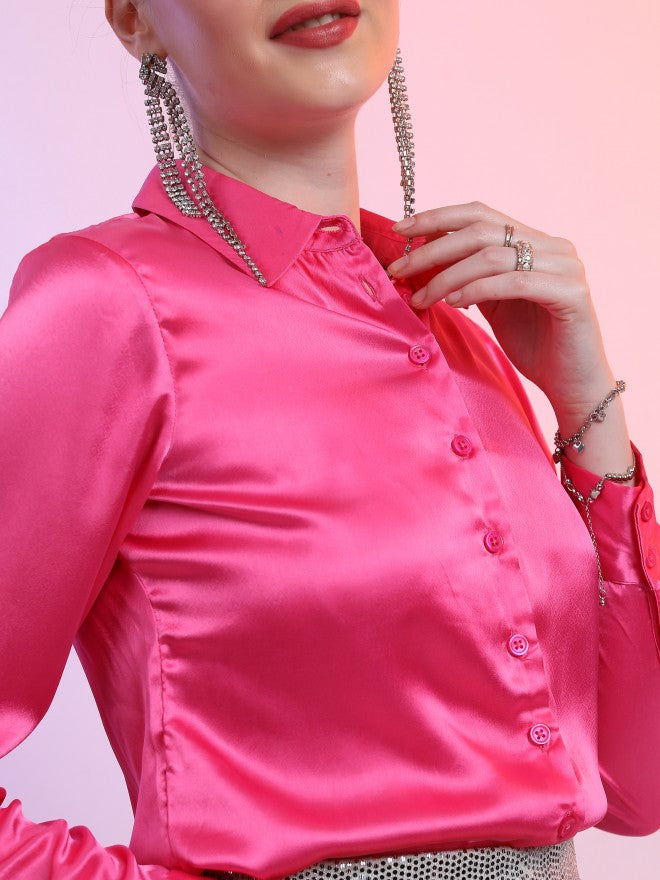 Tokyo Talkies Women Pink Solid Casual Shirt - Pink - Image 5