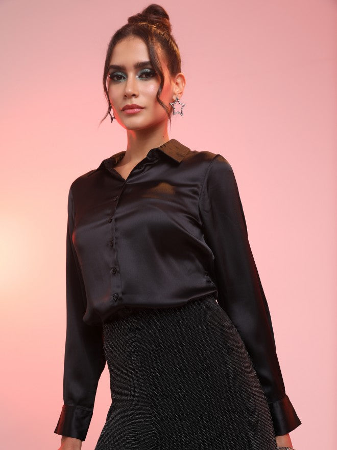 Tokyo Talkies Women Black Solid Regular Fit Casual Shirt - Black - Image 1