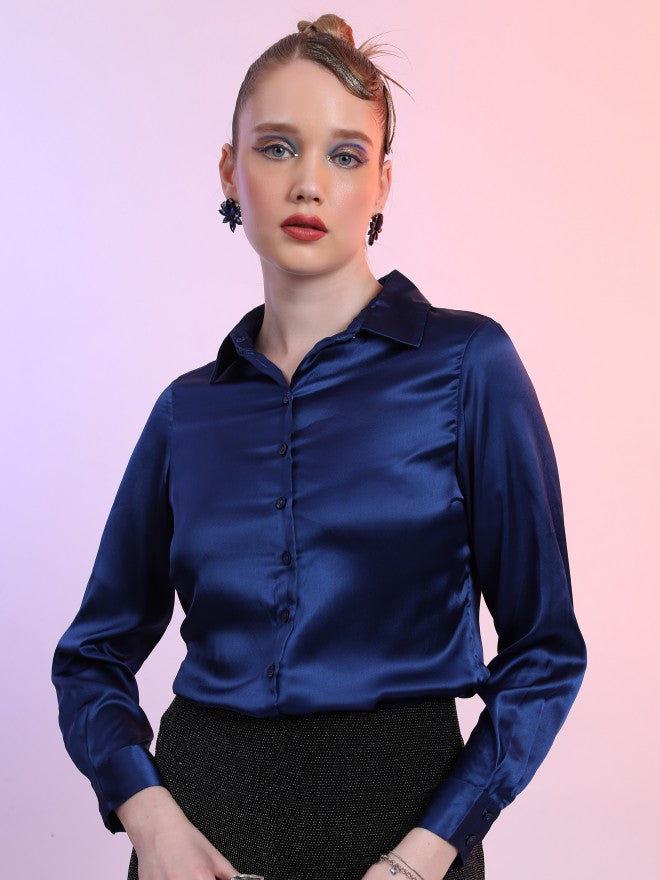 Tokyo Talkies Women Blue Solid Casual Shirt - Blue - Image 1
