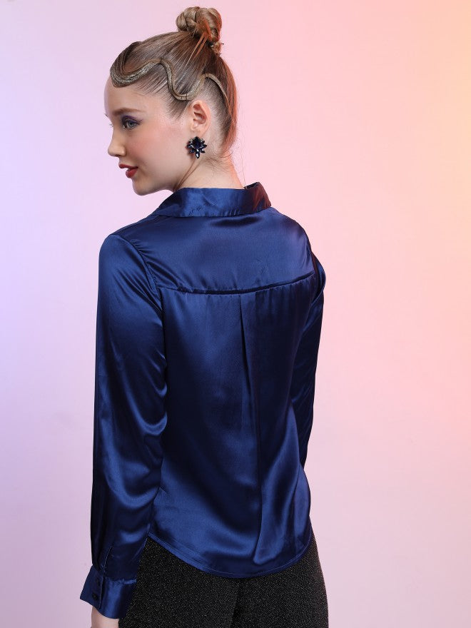 Tokyo Talkies Women Blue Solid Casual Shirt - Blue - Image 3