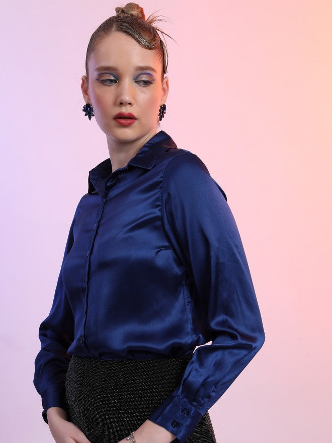 Tokyo Talkies Women Blue Solid Casual Shirt - Blue - Image 4