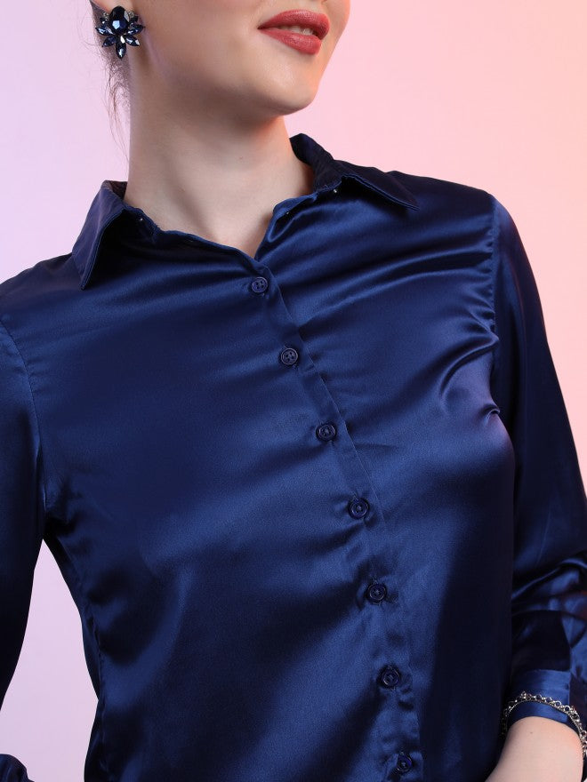 Tokyo Talkies Women Blue Solid Casual Shirt - Blue - Image 5