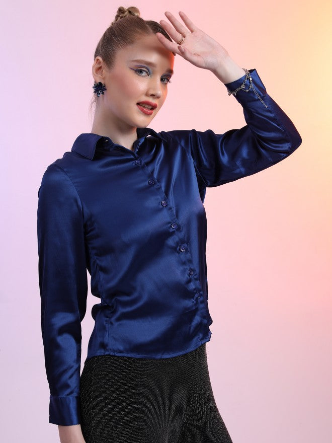 Tokyo Talkies Women Blue Solid Casual Shirt - Blue - Image 6