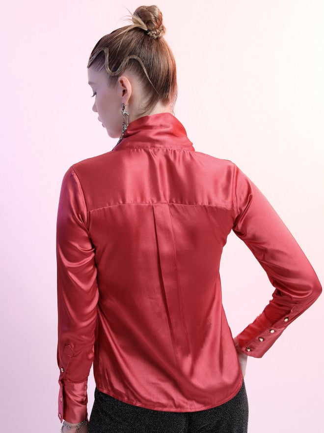 Tokyo Talkies Women Red Solid Casual Shirt - Red - Image 3