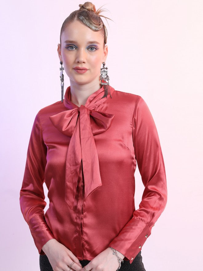 Tokyo Talkies Women Red Solid Casual Shirt - Red - Image 6