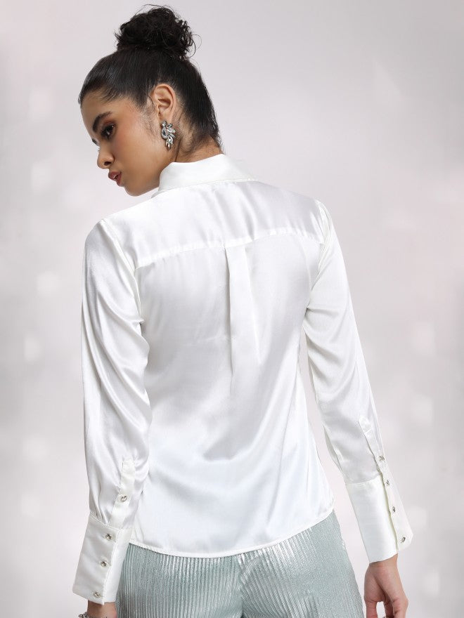 Tokyo Talkies Women Cream Solid Casual Shirt - Cream - Image 3