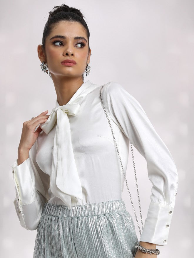 Tokyo Talkies Women Cream Solid Casual Shirt - Cream - Image 4