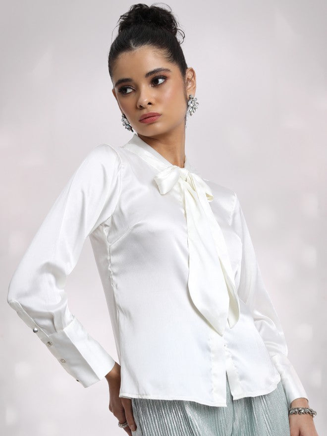 Tokyo Talkies Women Cream Solid Casual Shirt - Cream - Image 6