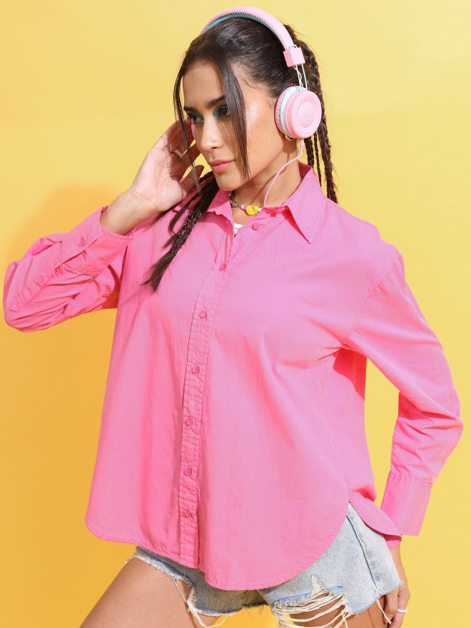 Tokyo Talkies Women Pink Solid Casual Shirt - Pink - Image 4