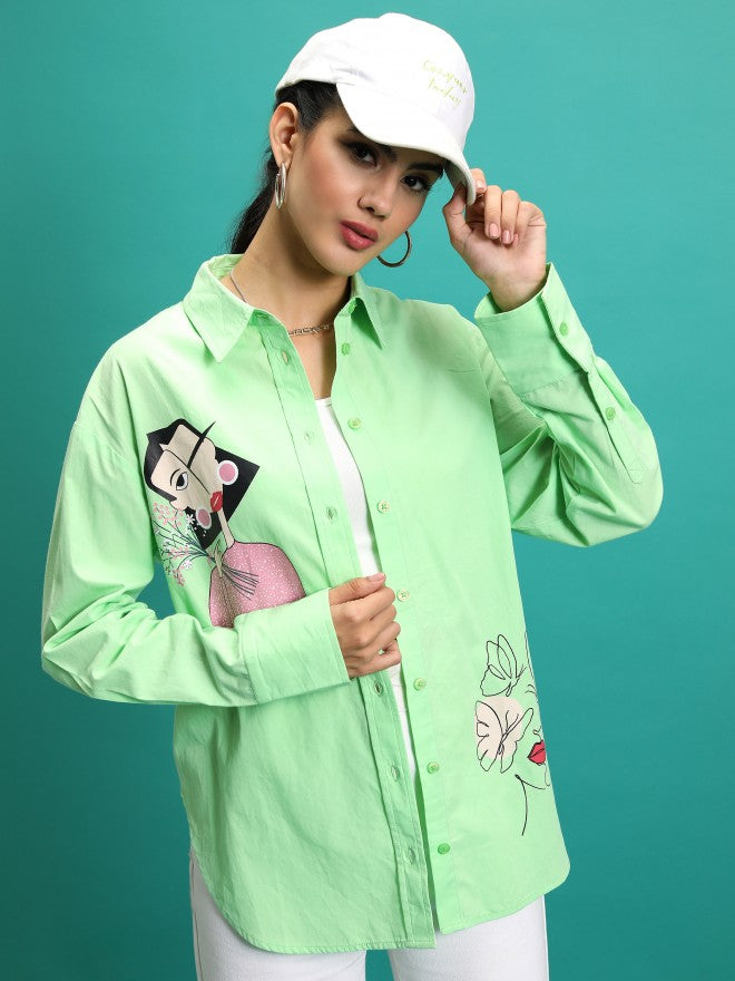 Tokyo Talkies Women Green Printed Oversized Fit Casual Shirt - Green - Image 1