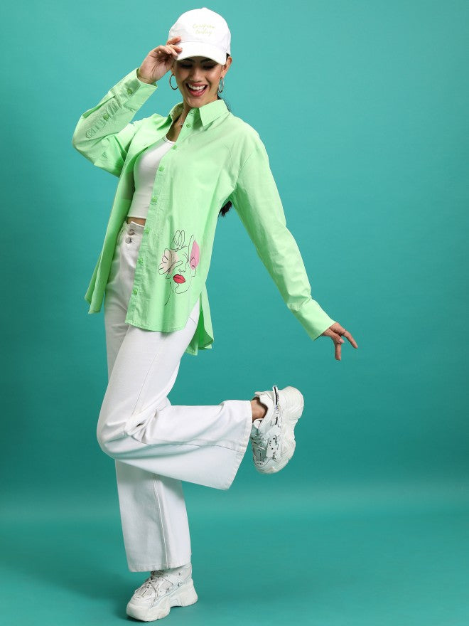 Tokyo Talkies Women Green Printed Oversized Fit Casual Shirt - Green - Image 2