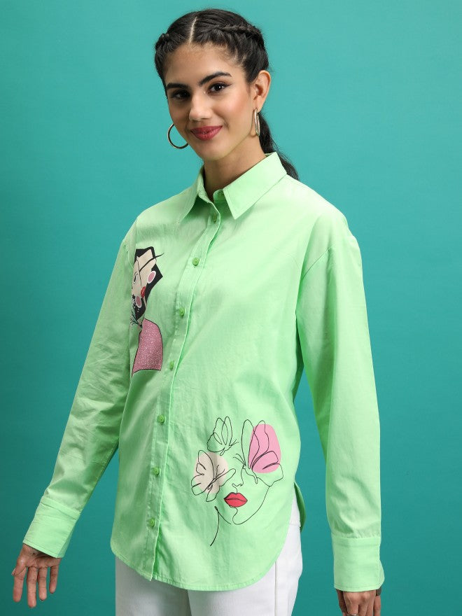 Tokyo Talkies Women Green Printed Oversized Fit Casual Shirt - Green - Image 4