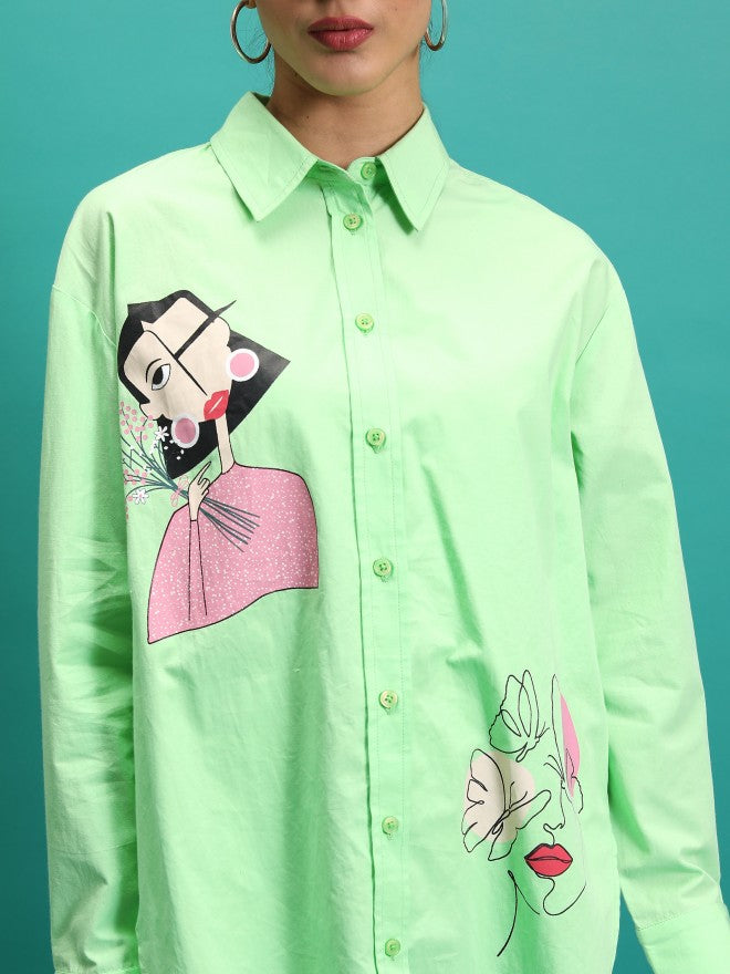 Tokyo Talkies Women Green Printed Oversized Fit Casual Shirt - Green - Image 5