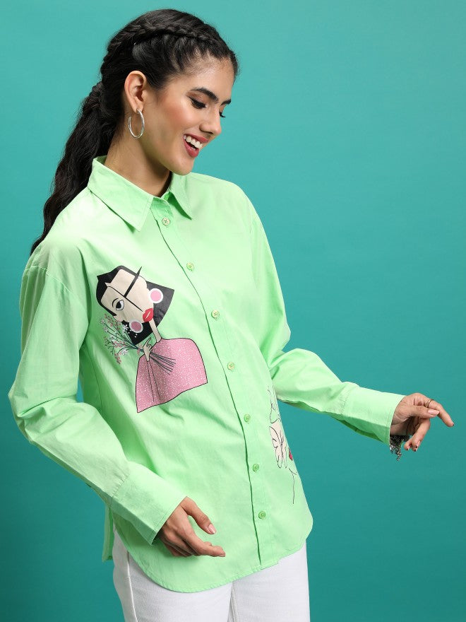 Tokyo Talkies Women Green Printed Oversized Fit Casual Shirt - Green - Image 6
