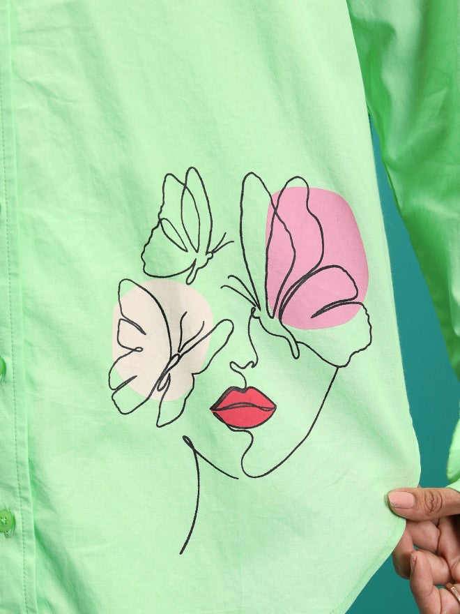 Tokyo Talkies Women Green Printed Oversized Fit Casual Shirt - Green - Image 7