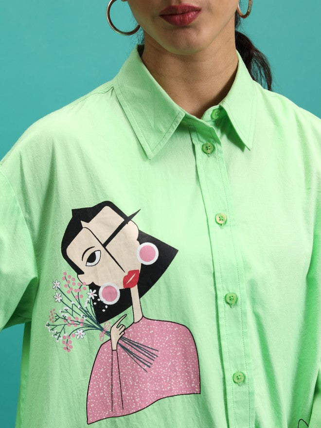 Tokyo Talkies Women Green Printed Oversized Fit Casual Shirt - Green - Image 8