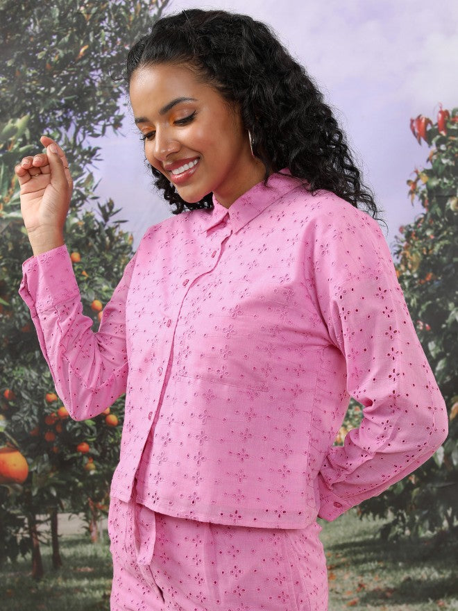 Tokyo Talkies Women Pink Self Design Regular Fit Casual Shirt - Pink - Image 4