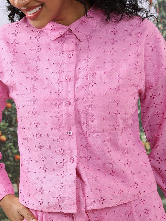 Tokyo Talkies Women Pink Self Design Regular Fit Casual Shirt - Pink - Image 5