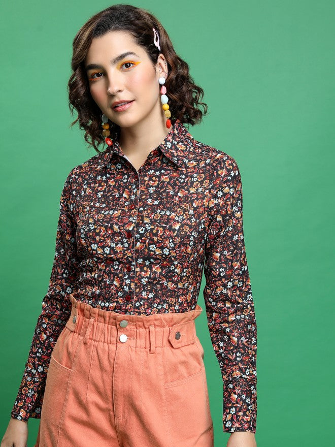 Tokyo Talkies Women Maroon Printed Casual Shirt - Maroon - Image 1