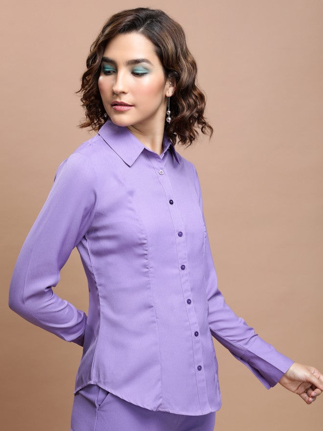 Tokyo Talkies Women Purple Solid Casual Shirt - Purple - Image 6