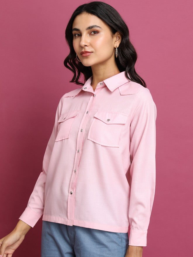 Tokyo Talkies Women Pink Solid Casual Shirt - Pink - Image 4