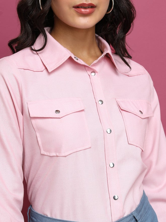 Tokyo Talkies Women Pink Solid Casual Shirt - Pink - Image 5