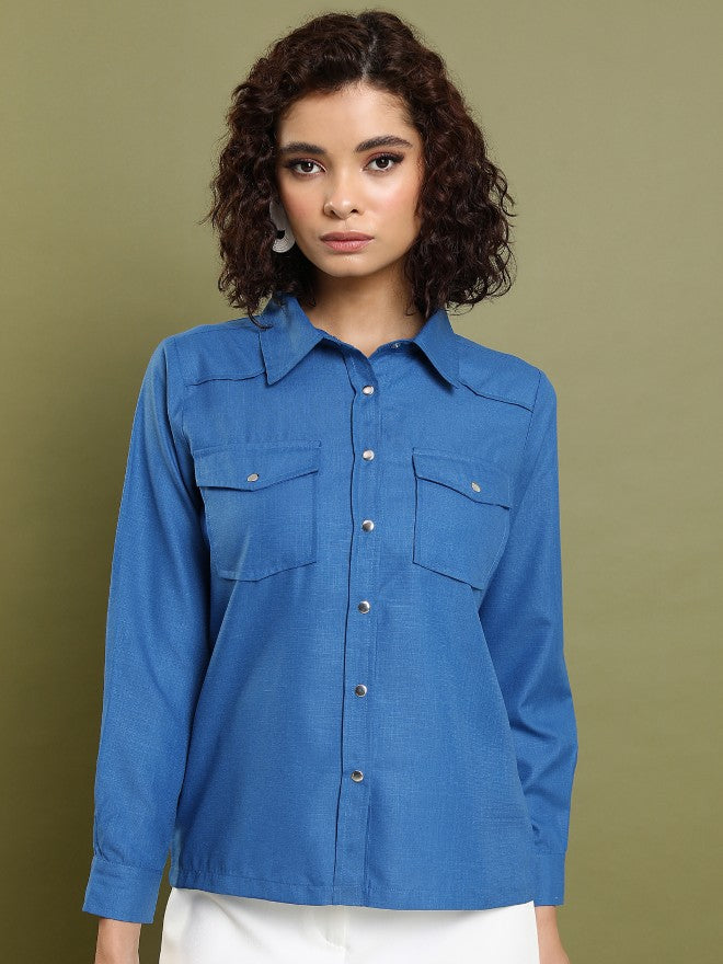 Tokyo Talkies Women Blue Solid Casual Shirt - Blue - Image 1