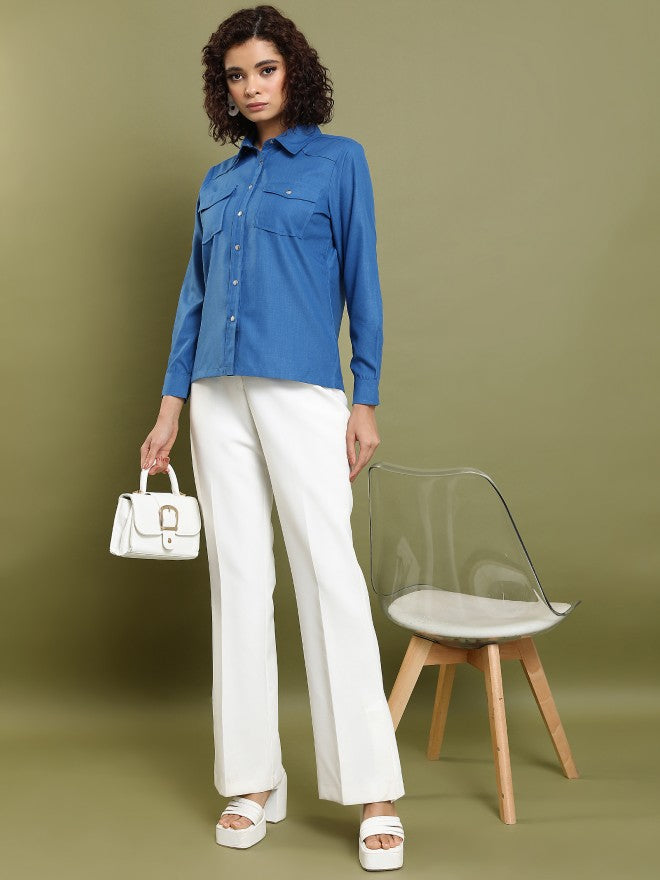 Tokyo Talkies Women Blue Solid Casual Shirt - Blue - Image 2