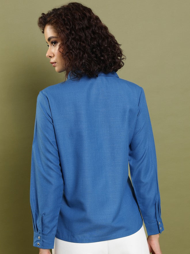 Tokyo Talkies Women Blue Solid Casual Shirt - Blue - Image 3