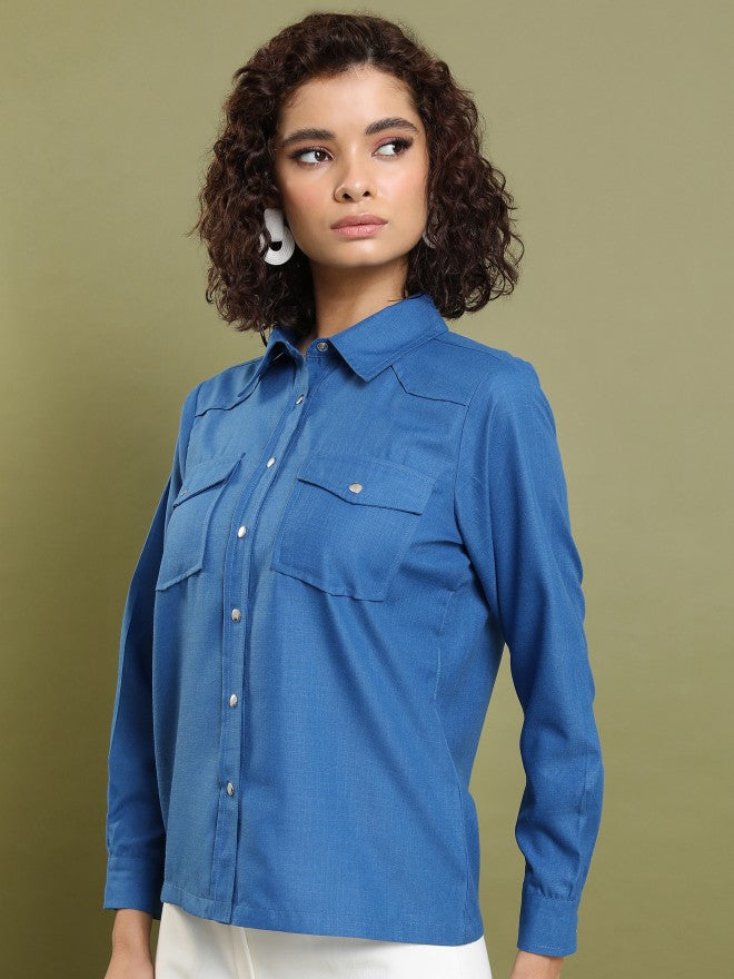Tokyo Talkies Women Blue Solid Casual Shirt - Blue - Image 4