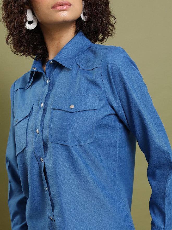 Tokyo Talkies Women Blue Solid Casual Shirt - Blue - Image 5