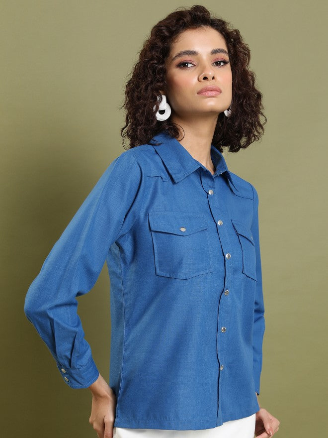 Tokyo Talkies Women Blue Solid Casual Shirt - Blue - Image 6