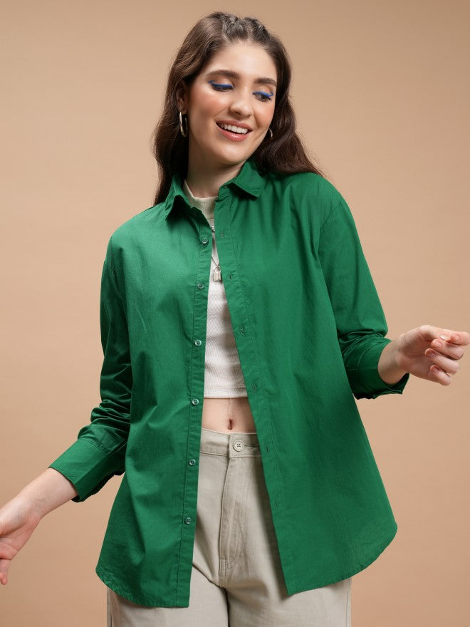 Tokyo Talkies Women Green Solid Casual Shirt - Green - Image 1