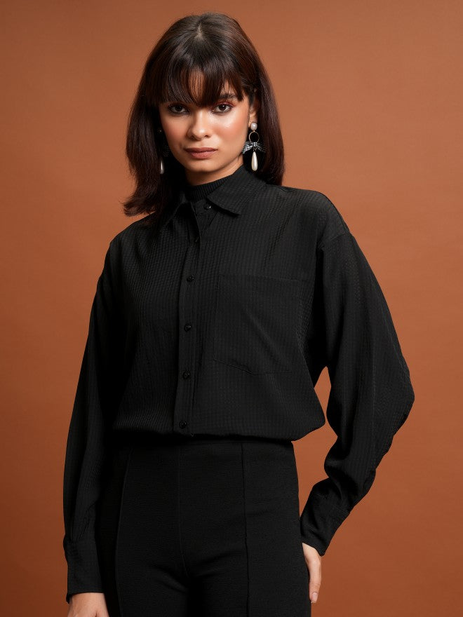 Tokyo Talkies Women Black Self Design Oversized Fit Casual Shirt - Black - Image 1