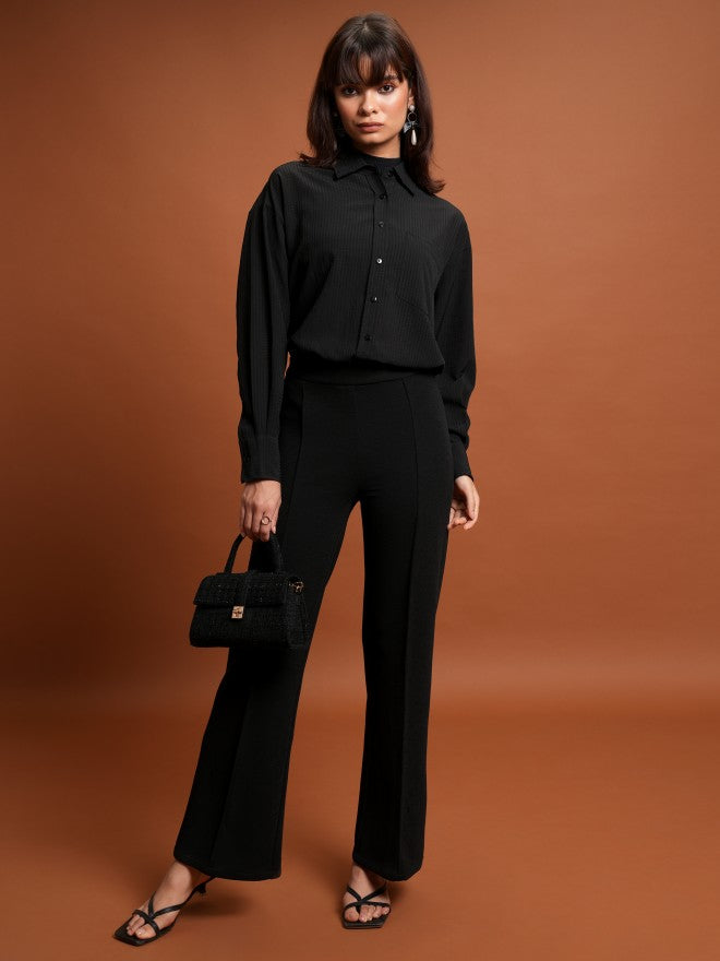 Tokyo Talkies Women Black Self Design Oversized Fit Casual Shirt - Black - Image 2