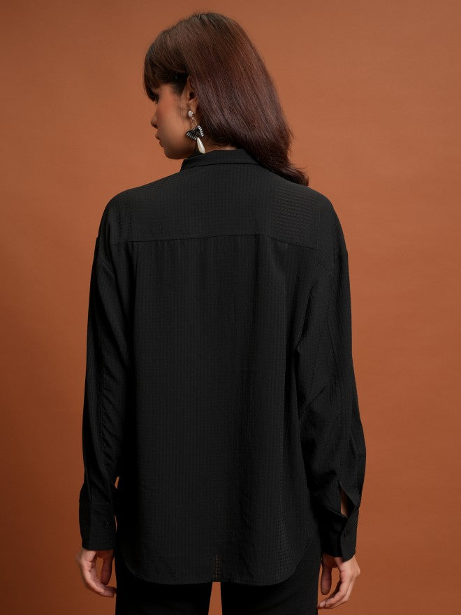 Tokyo Talkies Women Black Self Design Oversized Fit Casual Shirt - Black - Image 3