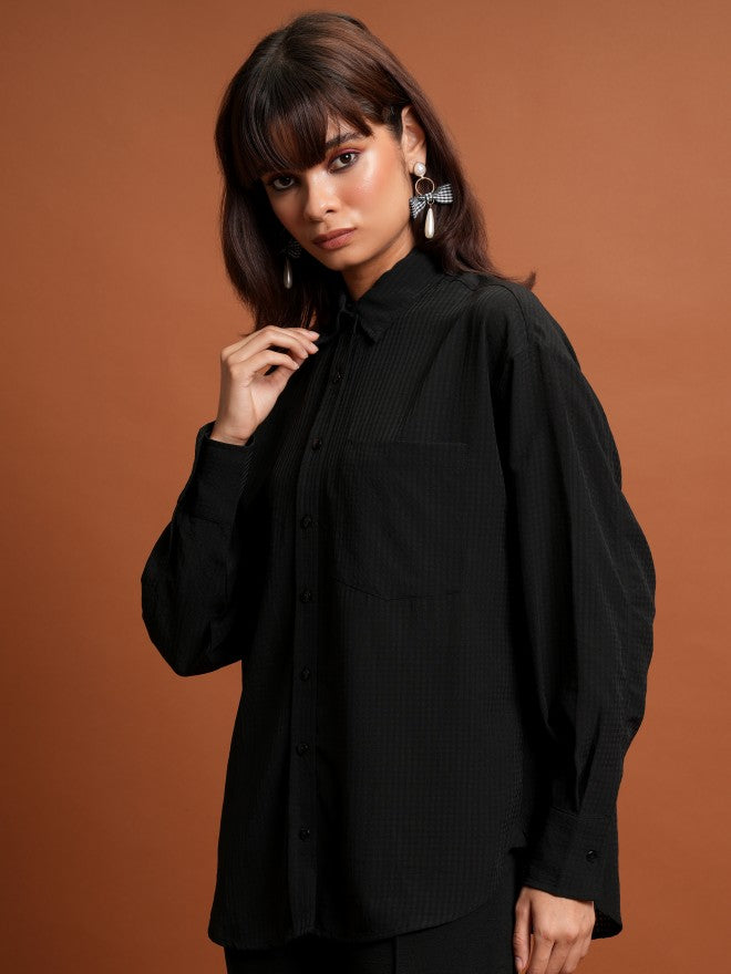 Tokyo Talkies Women Black Self Design Oversized Fit Casual Shirt - Black - Image 4