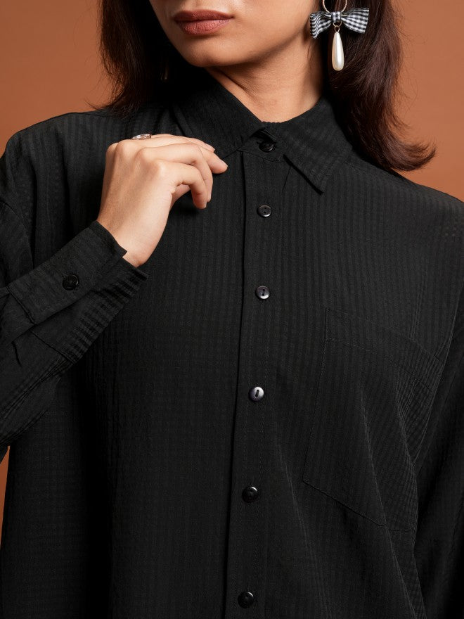 Tokyo Talkies Women Black Self Design Oversized Fit Casual Shirt - Black - Image 5