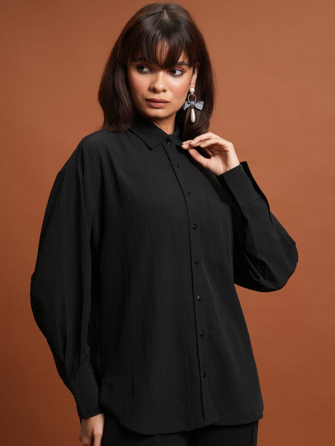 Tokyo Talkies Women Black Self Design Oversized Fit Casual Shirt - Black - Image 6