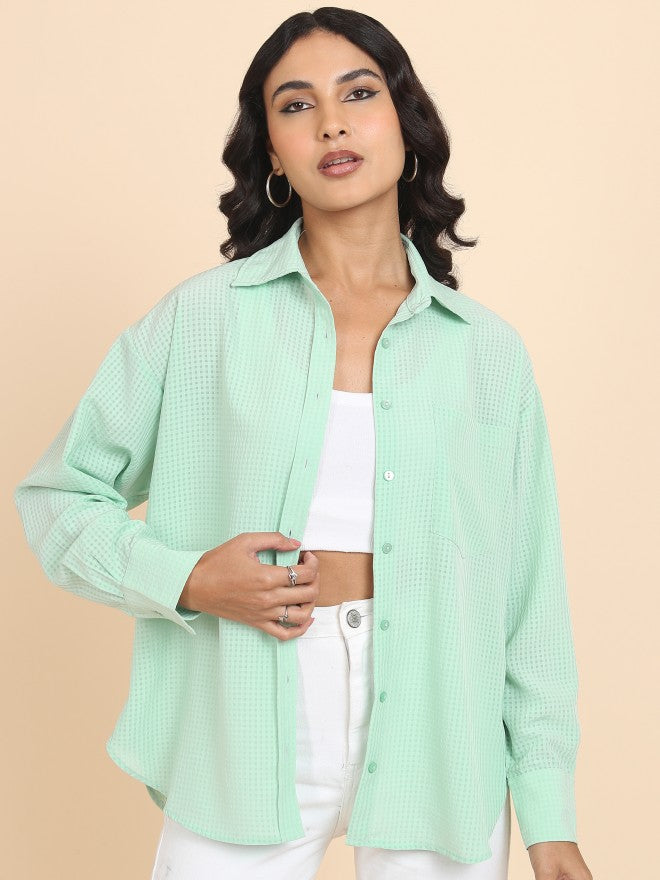 Tokyo Talkies Women Green Checked Oversized Fit Casual Shirt - Green - Image 1